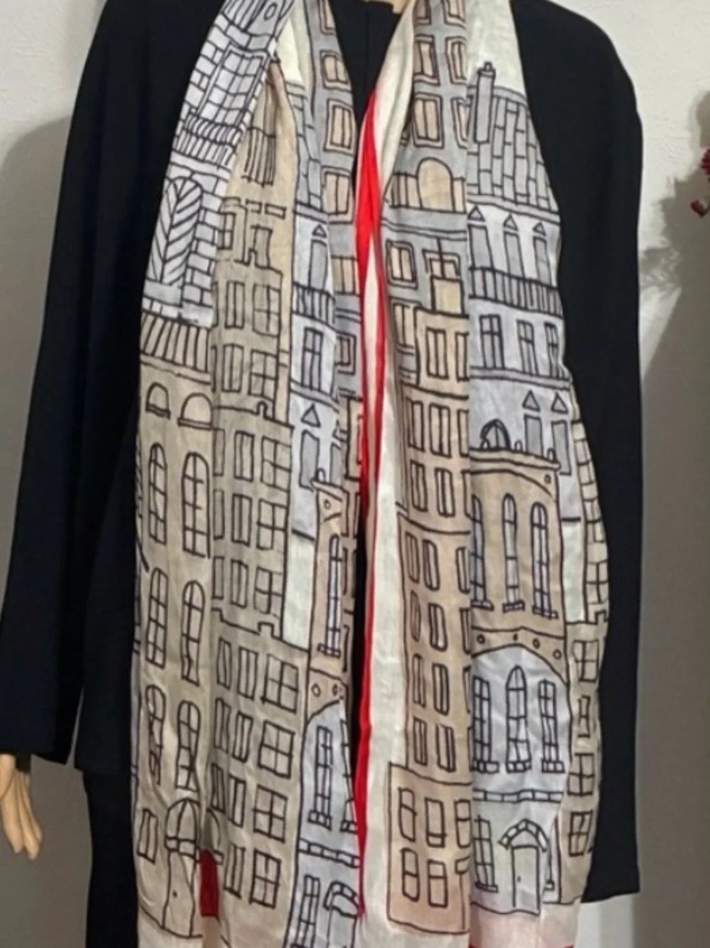 Cityscape Print Scarf w/Red Accents Fringe 27x72 Preppy Architecture Fun Casual